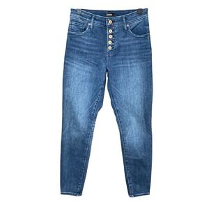Express Curvy Skinny Mid Rise Blue Whiskered Button Fly Jeans Womens Size 8L